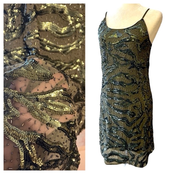 Sz M Alice + Olivia Vintage Safari Green Silk Beaded Sequin Mini Dress - Picture 1 of 17